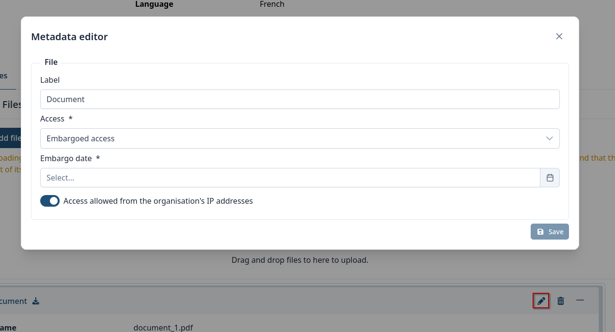 The settings of a file: label, position, access, embargo date and the IP option